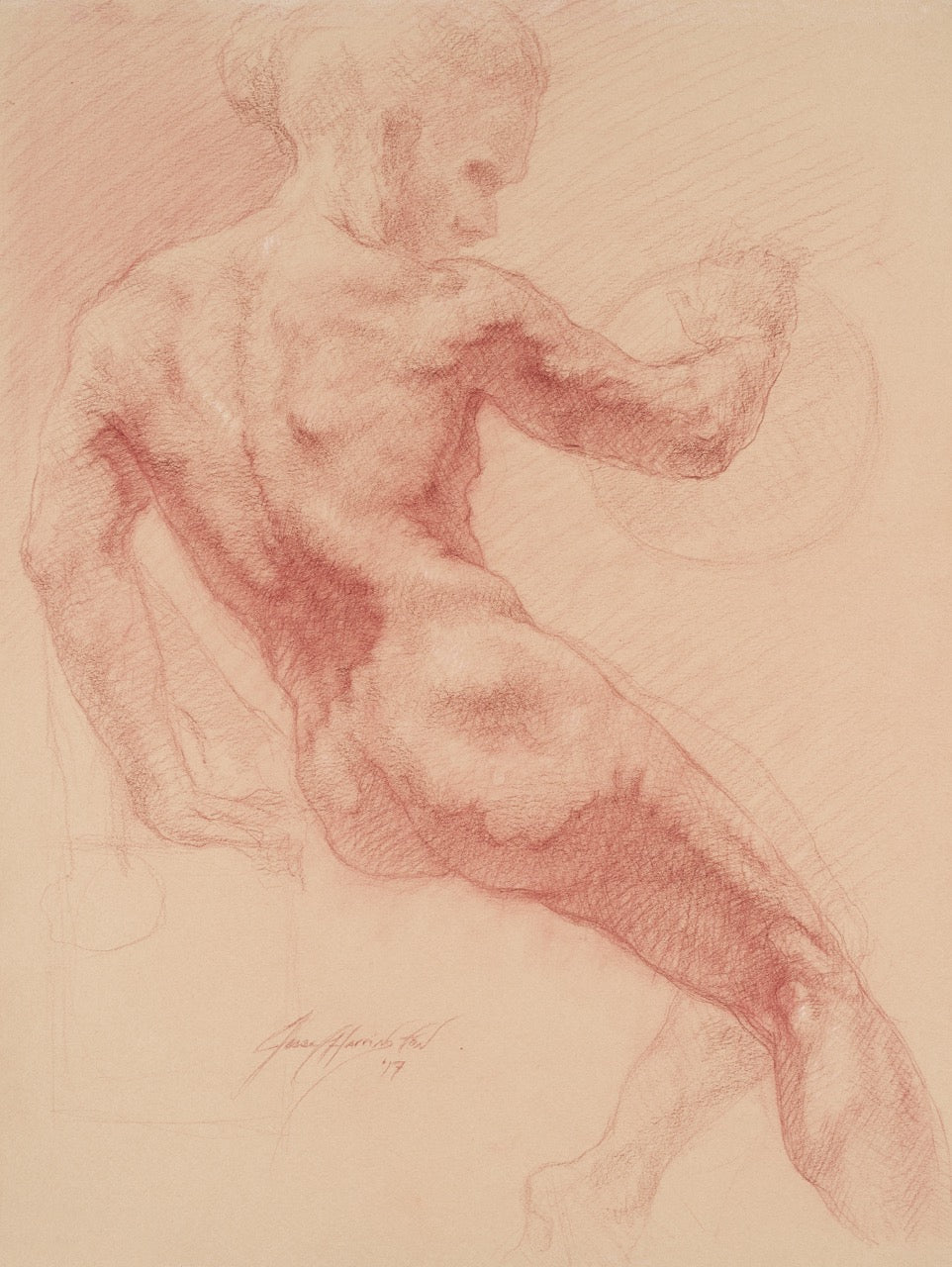 hand drawing of a female nude model from behind. The model is sitting on one leg, leaning backwards on her left hand. She is holding an undefined object in her right hand.