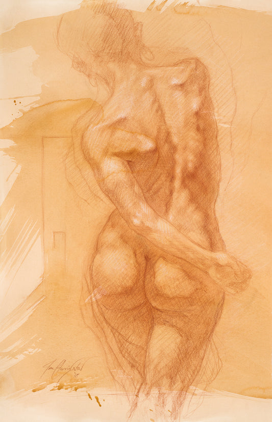 Hand drawn image of a female nude model from behind. One arm is crossing behind in front of one glute.