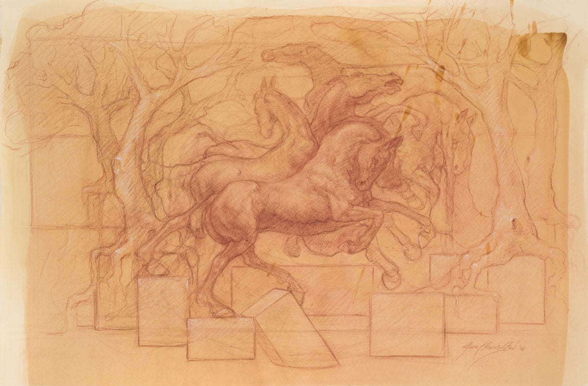 Hand drawn image of a horse. There are multiple version of the horse overlapping each other, displaying motion. The horse is on square blocks. There are trees in the background.