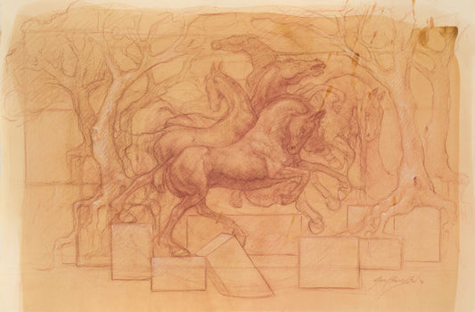 Hand drawn image of a horse. There are multiple version of the horse overlapping each other, displaying motion. The horse is on square blocks. There are trees in the background.