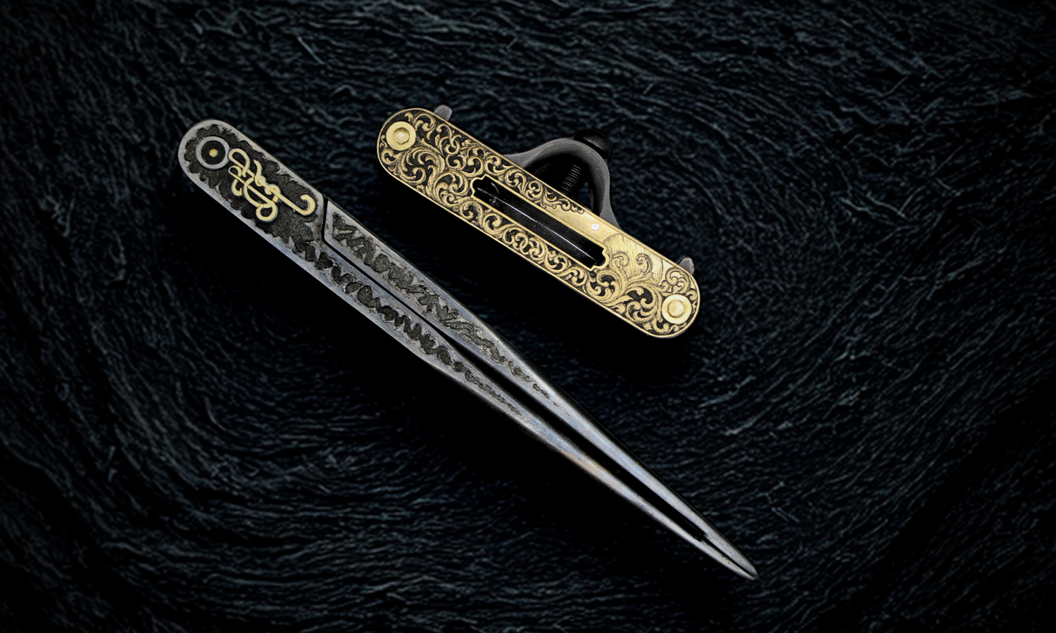 Decorative hair pins on a textured black background