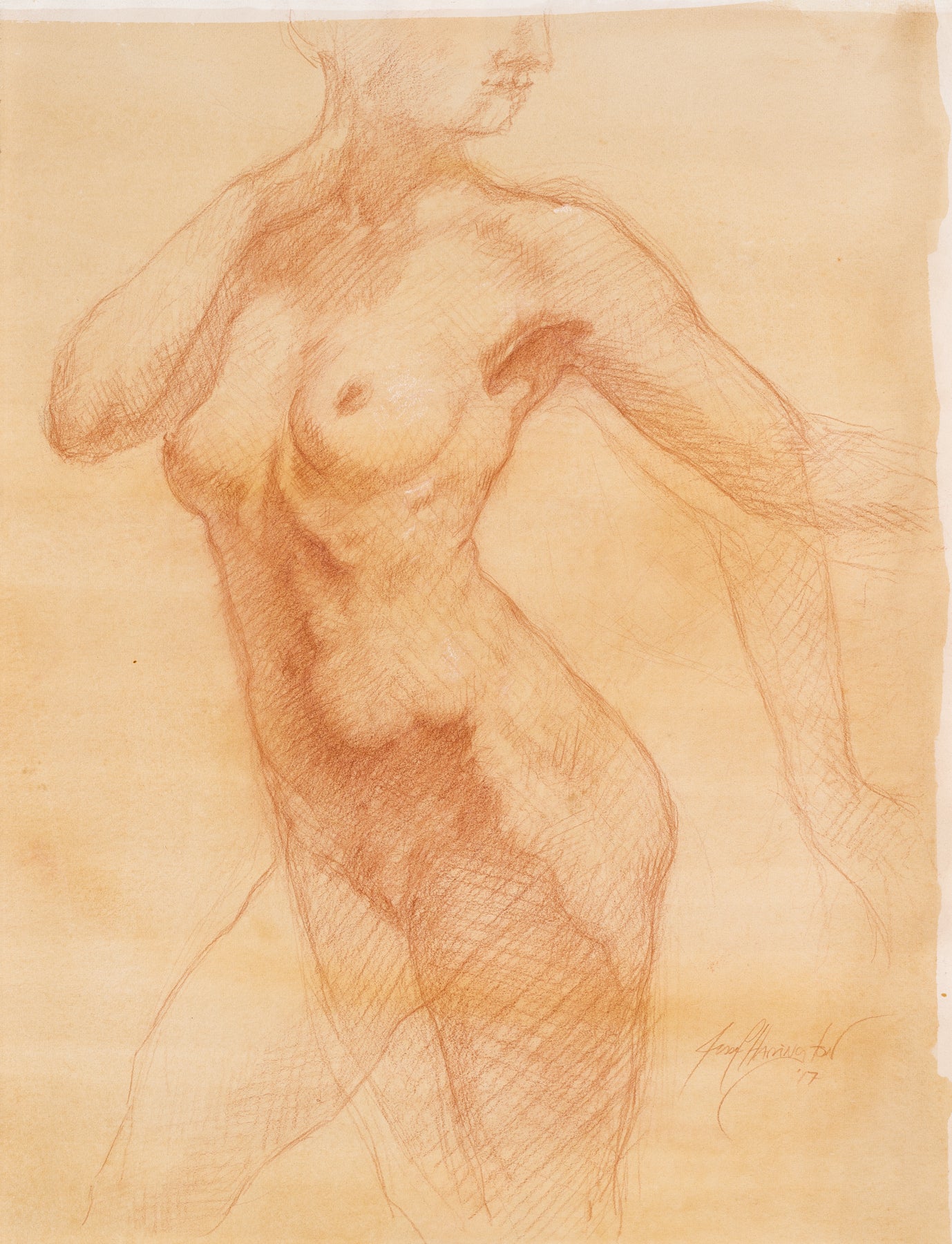 Hand drawn image of a nude female model from the front