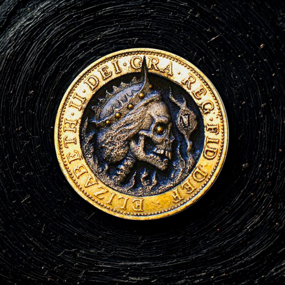 Close-up of a gold and silver coin with intricate design on a black background