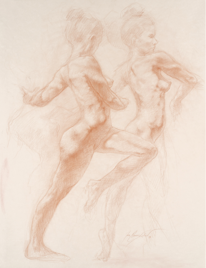 Hand drawn Image of a nude female model in motion, one foot off the ground, from the side.