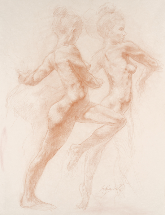 Hand drawn Image of a nude female model in motion, one foot off the ground, from the side.