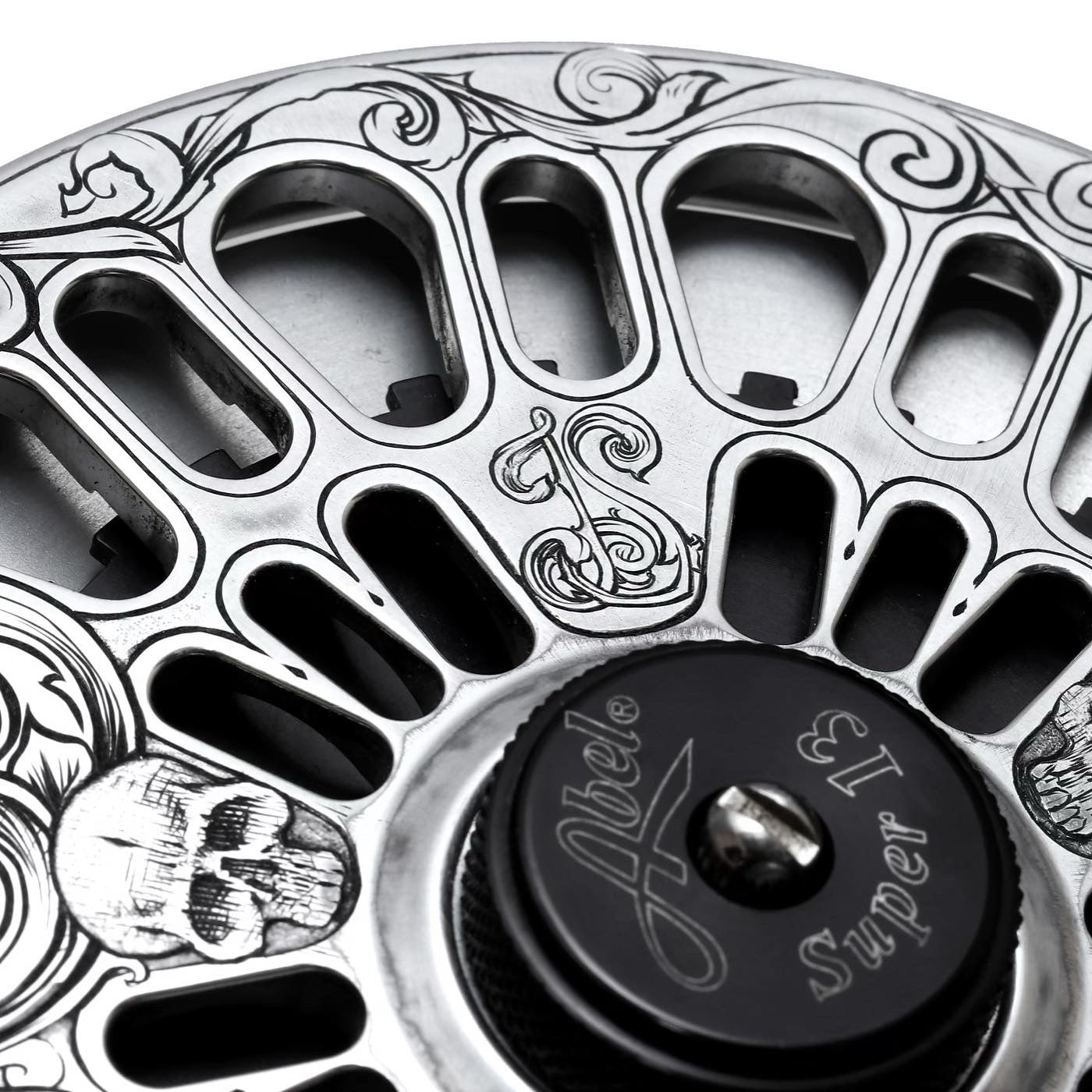 Close-up of a detailed rifle scope with 'Abel' branding on a white background