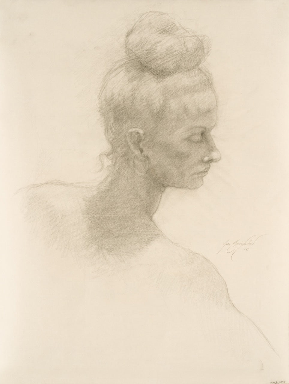 Hand drawn image of a female model. She is facing sideways has her hair in a bun on top of her head.