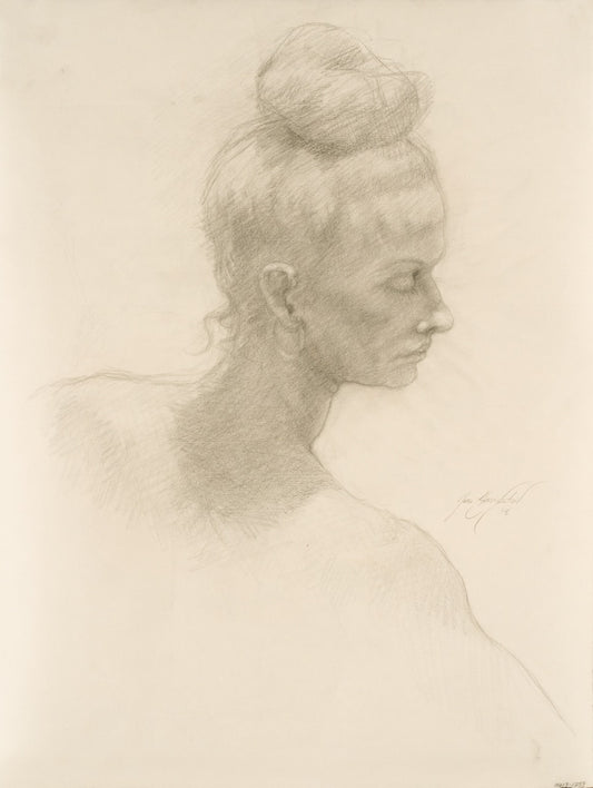 Hand drawn image of a female model. She is facing sideways has her hair in a bun on top of her head.