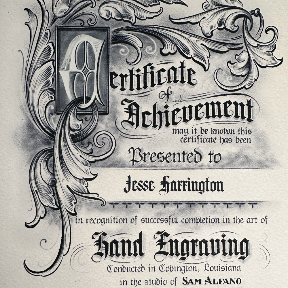 Certificate of Completion from hand engraving for Jesse Harrington