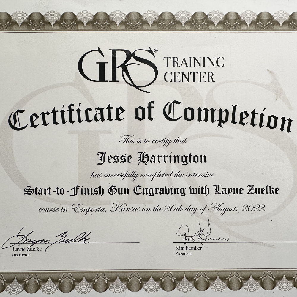 Certificate of Completion from GRS Training Center for Jesse Harrington